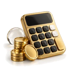 Gold 3D calculator with coins and a glass sphere